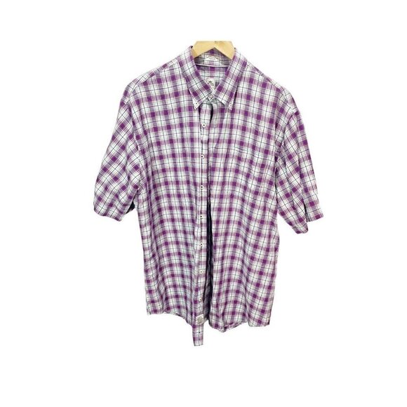 Peter Millar Shirt XL Blue Purple Plaid Linen Blend Short Sleeve Button Down - Picture 1 of 5